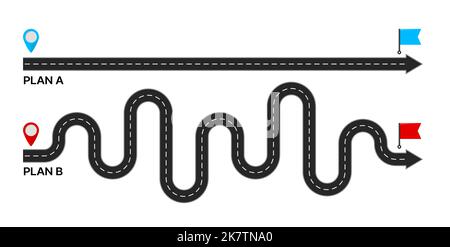 Plan B. Destination point. Expectation, reality, path way and journey to complicated target, simple life expectations and hard reality, challenge scenario and path to success strategy vector concept Stock Vector