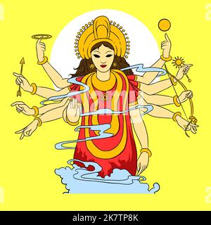 Shubh Navratri Festival Background with hindi calligraphy shubh navratri, Vector illustration of Goddess Durga in Happy Durga Puja Stock Photo