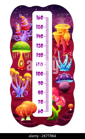 Kids height chart fantastic magic mushrooms on space planet. Vector growth measure meter, wall sticker ruler for children height measurement with cartoon fantasy world or alien funny fungi plants Stock Vector
