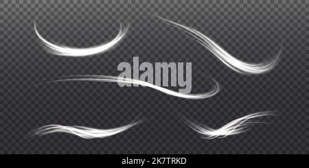 Set of abstract light lines of movement and speed. White. Bright galaxy. Glowing podium. Space tunnel. Light everyday glowing effect. semicircular Stock Vector