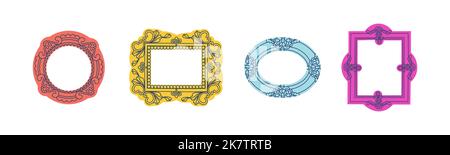 A set of colored classic carved picture frames. Decorative frame for photos and drawings. Vector isolated illustration for design. Stock Vector