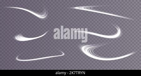 Set of abstract light lines of movement and speed. White. Bright galaxy. Glowing podium. Space tunnel. Light everyday glowing effect. semicircular Stock Vector