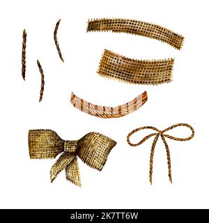 Linen fabric, linen fabric bow, linen texture, linen ribbon tying the bow. Watercolor illustration. Isolate on a white background. for design solution Stock Photo