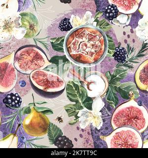 Seamless background. Floral branches, figs, berries on a gray, purple, watercolor texture. Rosemary, spices. Illustration. Stock Photo