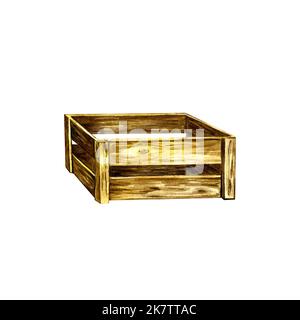 Wooden box for storing fruits and vegetables. empty garden crate or fruit box watercolor illustration isolated on white background. front view of a wo Stock Photo