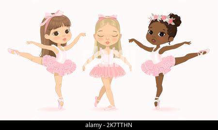 Cute Ballerina Girl Dancing. Three Multicultural Ballerinas Set. African American Child wear Pink Tutu Dress Stock Vector