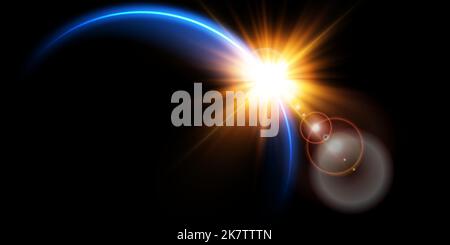 The edge of a solar eclipse on a black background, blue. Blue eclipse for product advertising, natural phenomena, horror concept and others. Stock Vector