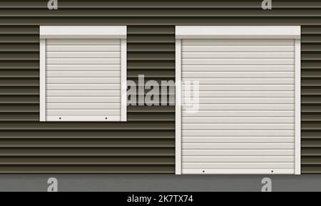 White closed roller garage shutter door and window with realistic texture on dark facade Stock Vector