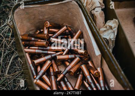 Bullets in a box. Machine gun ammunition close-up. Cartridges for a rifle and a carbine. Military concept. Stock Photo