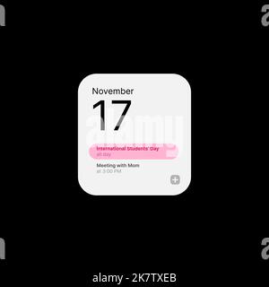 Calendar Widget UI Concept on Black Background. Social Media Illustration. Month Day. Editable Calendar and Reminder Icon. Web Element for Mobile Applications. Vector illustration Stock Vector