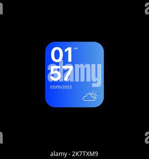 Clock with Weather Forecast Widget UI Concept on Black Background. Social Media Illustration. Editable Time, Date and Weather Icon. Web Element for Mobile Applications. Vector illustration Stock Vector