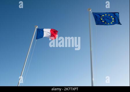 French three-colored flag, blue, white and red, and European Union Flag Stock Photo