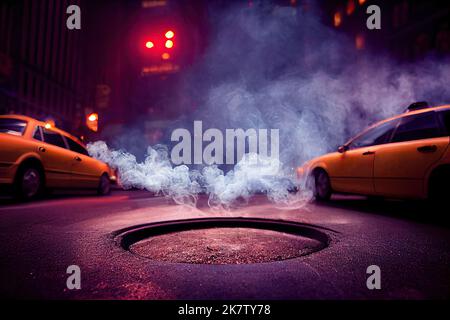 lights of theaters of Broadway shows, city street by night with city taxi and a smoking manhole, New York city in Manhattan, United States. 3D Stock Photo