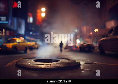 A manhole of a New York City street at night as a theatre spotlight shines down and a city taxi cruises by. 3D illustration and urban background. Stock Photo