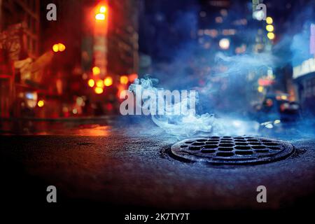 manhole on a blurred background of Times Square during shows and bustling city street lights at night. Bokeh effect in 3D illustration and urban Stock Photo