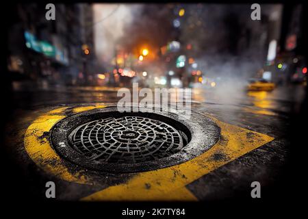 A manhole of Manhattan in New York, United States is shown in blurred colour during nighttime. A taxi cars speeds down a city road during Broadway Stock Photo