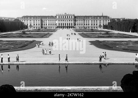 Touristen besuchen Schloss Schönbrunn in Wien, gesehen von der Gloriette, um 1962. Tourists visiting Schönbrunn Castle in Vienna as seen from the glorieta, around 1962. Stock Photo