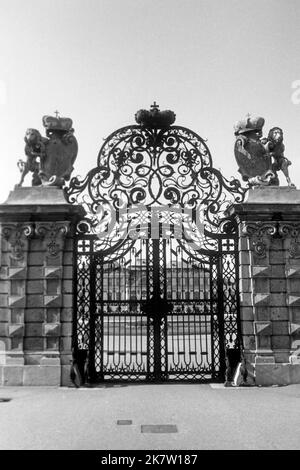 Haupteingangstor zu Schloss Belvedere in Wien, um 1962. Main Entrance gate to Belvedere Castle in Vienna, around 1962. Stock Photo