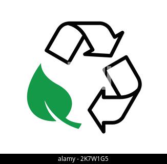 classic triangle recycle logo outline lineart with green leaf vector isolated on white background Stock Vector