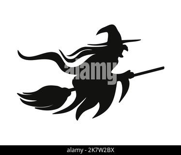classic witch flying on broomstick silhouette scary cartoon halloween vector illustration isolated on white background Stock Vector