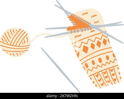 Knitted sock on needles and yarn ball. Hand drawn vector illustration of knitting process, concept of hobby, leisure time needlework. Stock Vector