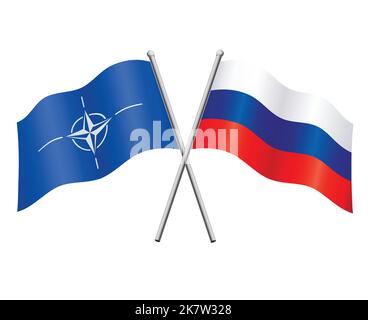 nato and russia flags in relationship alliance or versus conflict crossed flagpoles vector isolated on white background Stock Vector