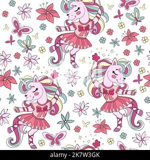 Seamless pattern with cute dancing unicorn ballerina in dress and flowers white background. Vector illustration for party, print, baby shower, wallpap Stock Vector