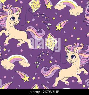 Seamless pattern with cute unicorns with kites, stars and rainbows on purple background. Vector illustration for party, print, baby shower, wallpaper, Stock Vector