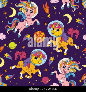 Seamless pattern with cute space unicorns with moon, stars and planets. Unicorn background. Vector illustration for party, print, baby shower, wallpap Stock Vector