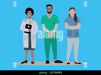 Three doctors stand on a blue background, wearing different clothes. Stock Vector