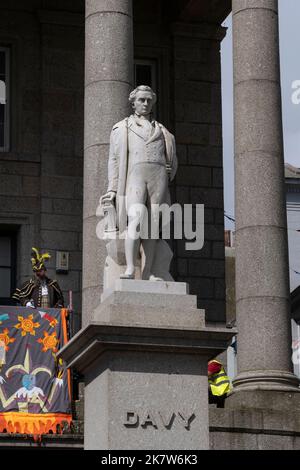 The historic statue of Humphry Davy in Market Jew Street in Penzance in Cornwall in England in the UK. Stock Photo