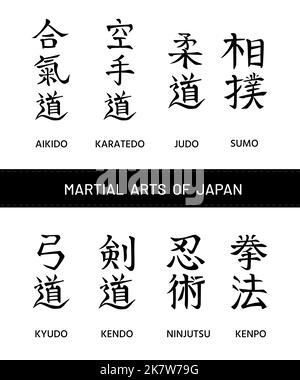 Aikido, Karatedo, Judo, Sumo, Kyudo, Kendo, Ninjutsu, Kenpo. Calligraphic names of Japanese martial arts, fight styles. Simple modern vertical designs Stock Vector