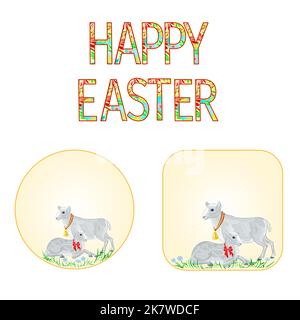Buttons Happy easter lamb and sheep with spring flowers vintage vector illustration Stock Vector