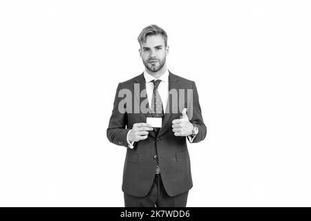 empty plastic business name card. successful ceo suggest easy banking profit payment. Stock Photo