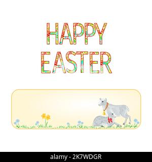 Banner Happy easter lamb and sheep with spring flowers vintage vector illustration Stock Vector