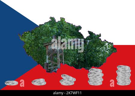 Outline map of the Czech Republic with the image of the national flag. Power line inside the map. Stacks of euro coins. Collage. Energy crisis. Stock Photo