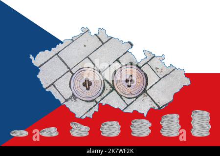 Outline map of Czech Republic with the image of the national flag. Hatch for the water system inside the map. Stacks of Euro coins. Collage. Energy cr Stock Photo