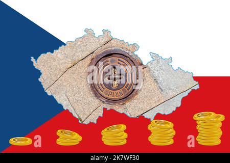 Outline map of Czech Republic with the image of the national flag. Manhole cover of the gas pipeline system inside the map. Collage. Energy crisis. Stock Photo