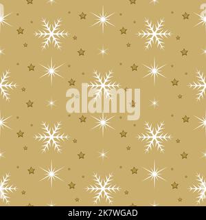 Seamless pattern with white snowflakes and stars on gold background. Festive winter traditional decoration for New Year, Christmas, holidays and design. Ornament of simple line Stock Vector