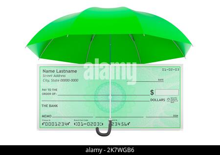 Bank check under umbrella, 3D rendering isolated on white background Stock Photo