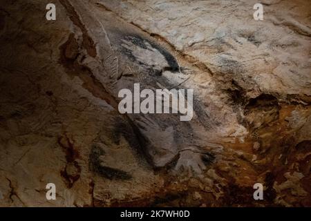 Marseille, France. 17th Oct, 2022. The cave drawing of a group of hands is seen on the walls in the reconstruction of the Cosquer Cave located in the Villa Mediterranee in Marseille. On October 17, the Southern Region and the company Kleber Rossillon, which operates the replica of the Cosquer Cave, open since June 2022, celebrated the 350,000th visitor. Among them, more than 40% come from the Provence-Alpes-Cote-d'Azur region. (Photo by Laurent Coust/SOPA Images/Sipa USA) Credit: Sipa USA/Alamy Live News Stock Photo