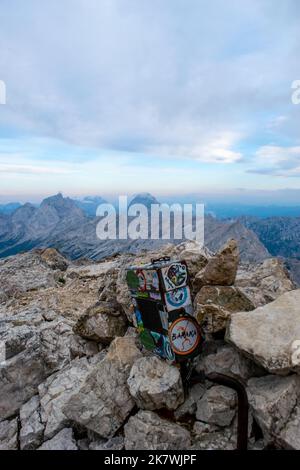 On a top of a mountain with views on on other mountains. Stock Photo