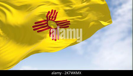 Flag of New Mexico state waving in the wind on a clear day. New Mexico is a federated state in the southwestern United States. Us state flag. 3D rende Stock Photo