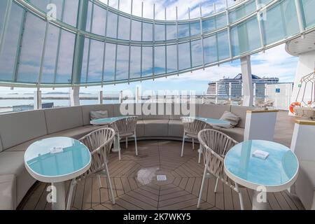 Marseille, France October 02, 2022: View of the outer deck at the back of the cruise ship Costa Smeralda. Stock Photo