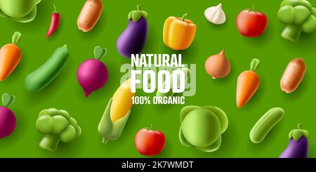 3d render cartoon icons of vegetables, top view on green backdrop, modern graphic Stock Vector