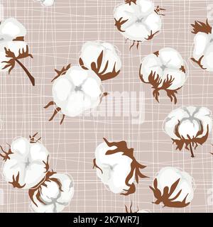 White cotton Balls seamless pattern on the crossed lines background. Cozy floral design for packaging, apparel, home decor Stock Vector
