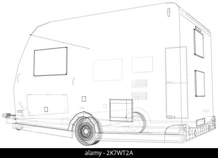 Wire-frame Trailer Camper. The layers of visible and invisible lines are separated. EPS10 format. Vector created of 3d Stock Vector