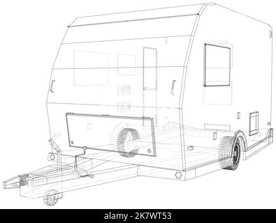 Wire-frame isolated Camper Van on background. Vector rendering of 3d Stock Vector