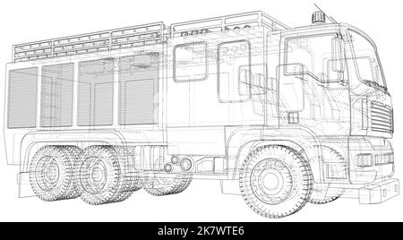 Wire-frame isolated Fire truck on background. Vector rendering of 3d Stock Vector