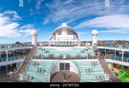 Marseille, France October 02, 2022: View of the outer deck at the back of the cruise ship Costa Smeralda. Stock Photo